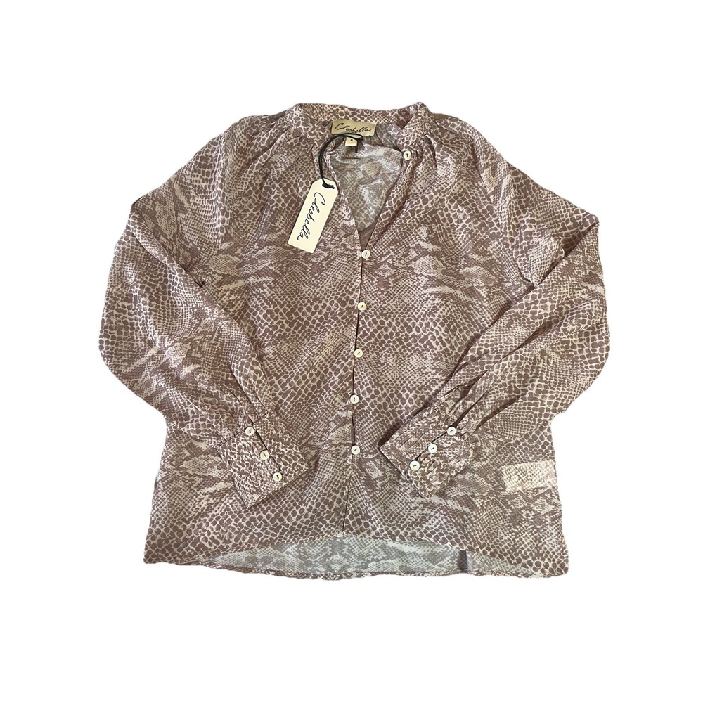 Cleobella Long Sleeve Button Up Blouse Women's Sm Tan Brown Snake Print New